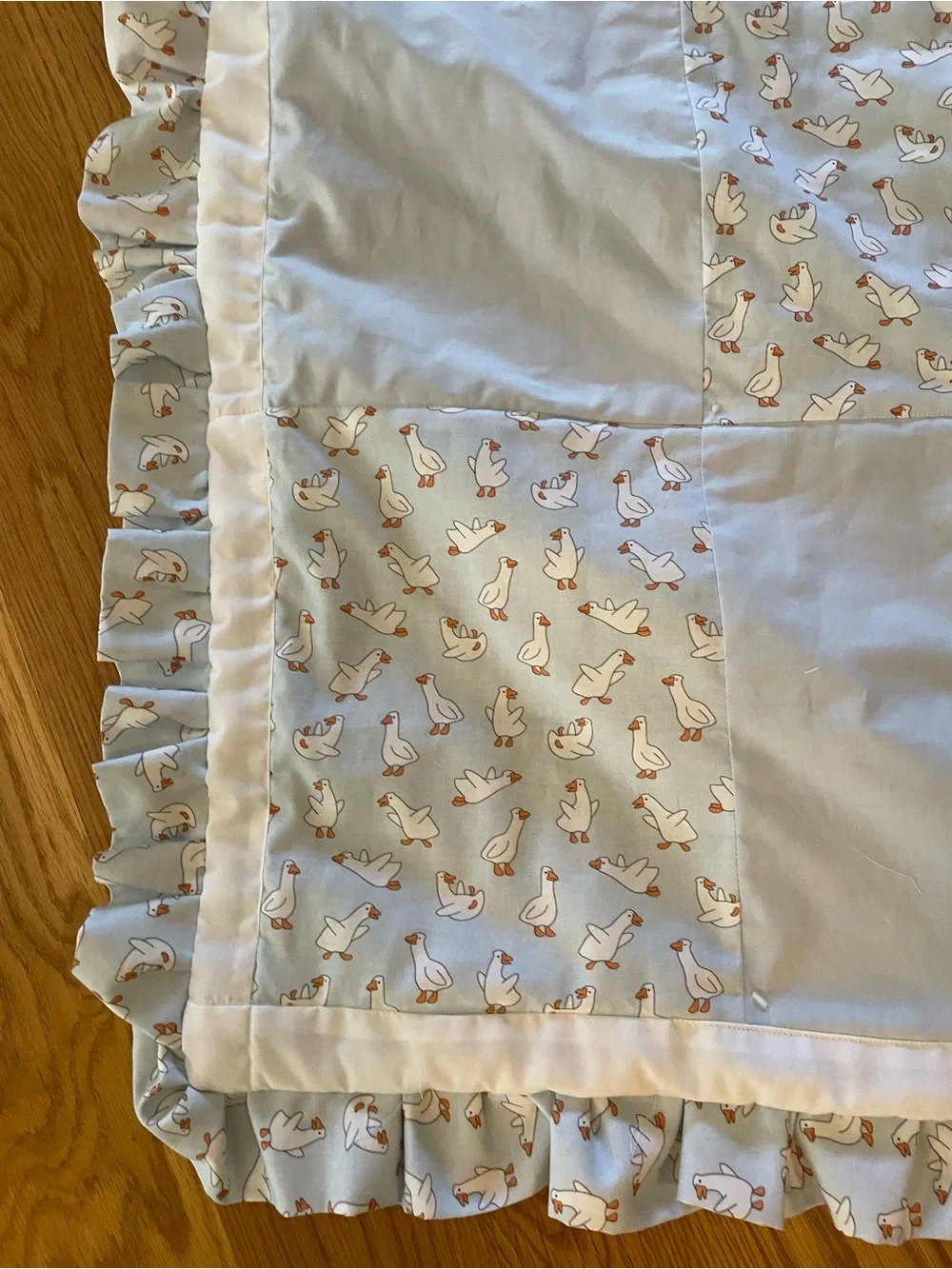 Silly Goose Soft Blue Baby Quilt with Ruffle Edge - Neutral Nursery Blanket